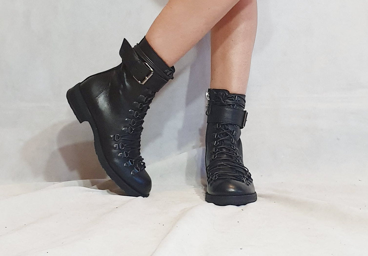 Black Leather Booties, Gothic Steampunk Ankle Boots, Winter Women Shoes