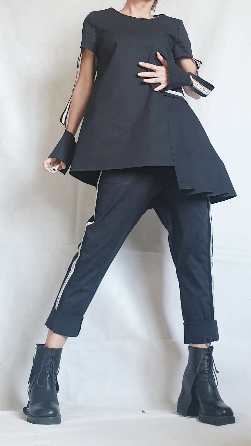 Black Drop Crotch Pants, Asymmetrical Peplum Tunic with Detachable Sleeves, Co-Ord Set