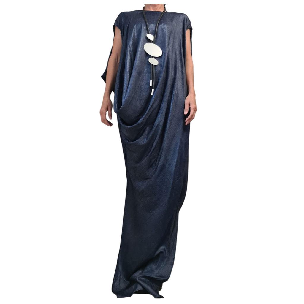 Shiny Denim Avant Garde Long Dress, One Shoulder Drape Style