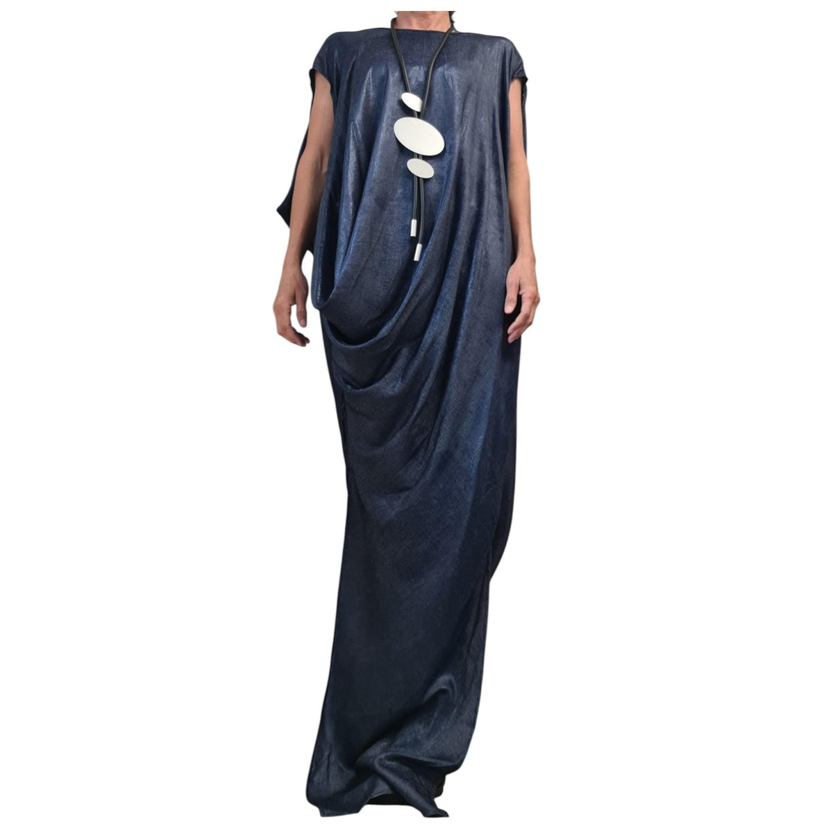 Shiny Denim Avant Garde Long Dress, One Shoulder Drape Style