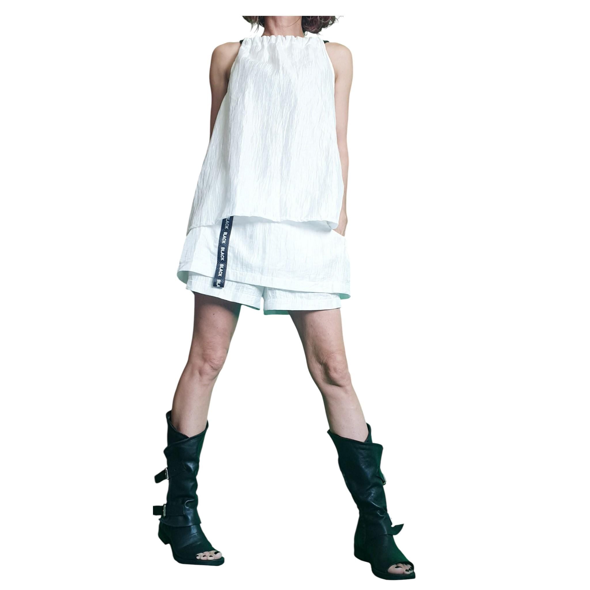 White Linen Two Piece Set, Open Back Top and Shorts Skirt