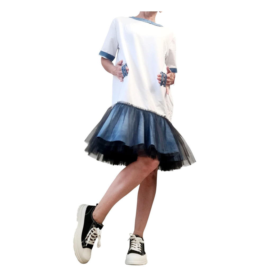 Oversized Cotton Tunic Dress, Denim Elements, Layered Tulle Skirt, Streetwear Style