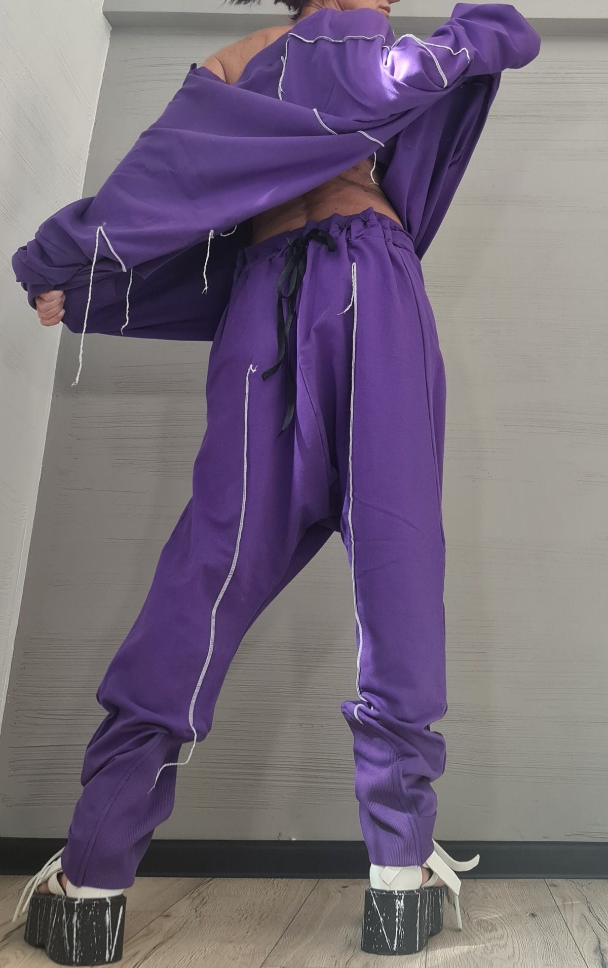 Grey Cotton Harem Pants Set, Asymmetrical Oversized Blouse, Women's Plus Size Loungewear Set
