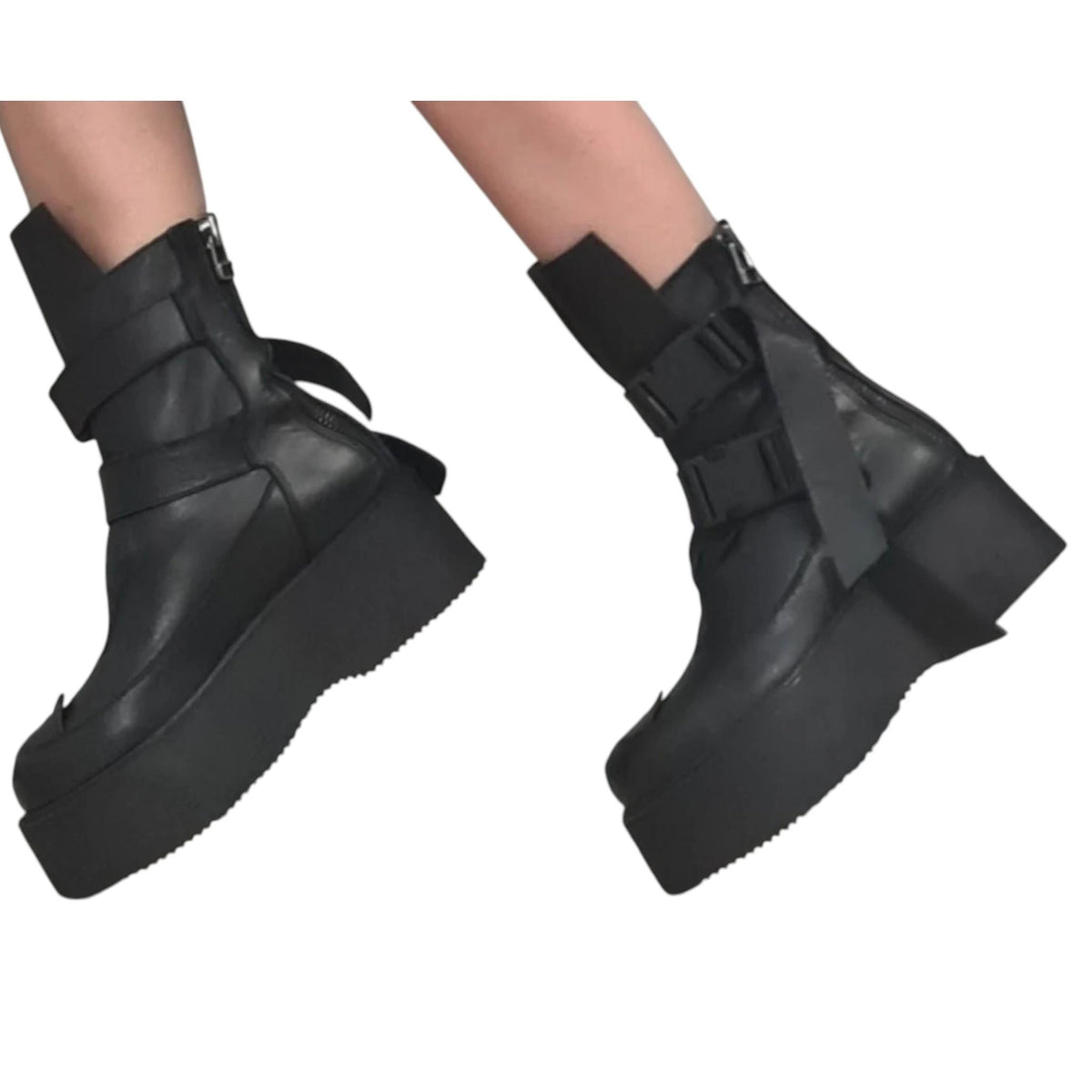 Black Leather Platform Boots, Buckle Strap Ankle Booties, Gothic Grunge Women Footwear