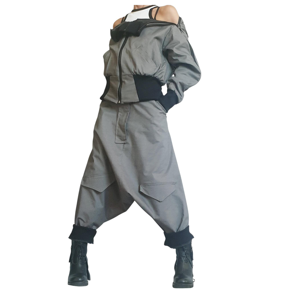 Grey Cropped Winter Bomber Jacket, Off Shoulder Neckline, Back Zip Opening