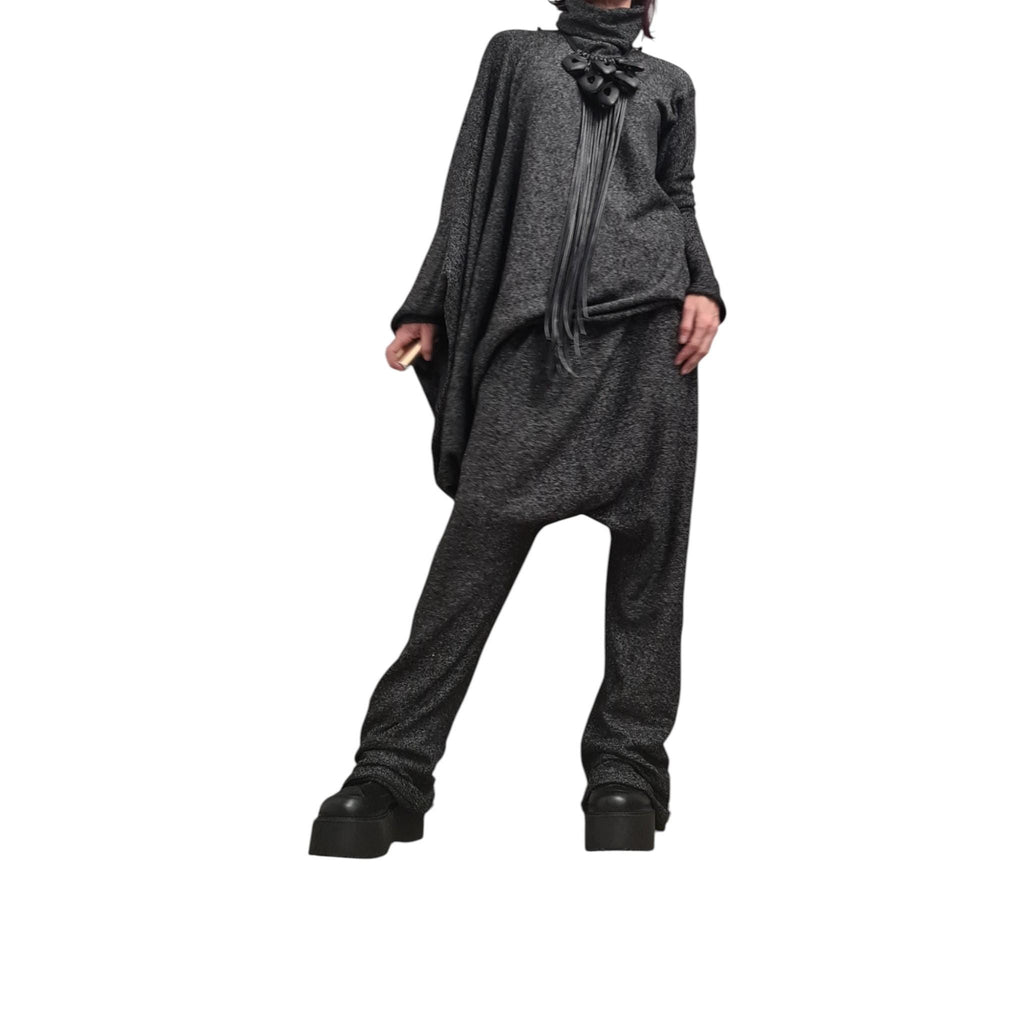 Black Knit Drop Crotch Harem Pants, Oversized Asymmetrical Blouse, Two-Piece Co-Ord Set, Plus Size