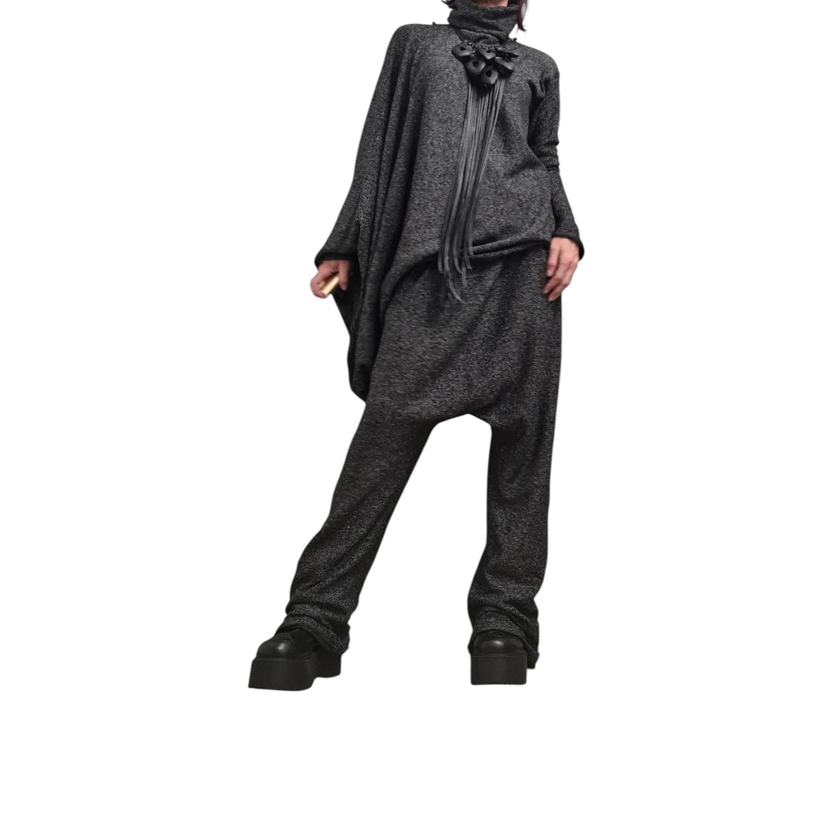 Black Knit Drop Crotch Harem Pants, Oversized Asymmetrical Blouse, Two-Piece Co-Ord Set, Plus Size