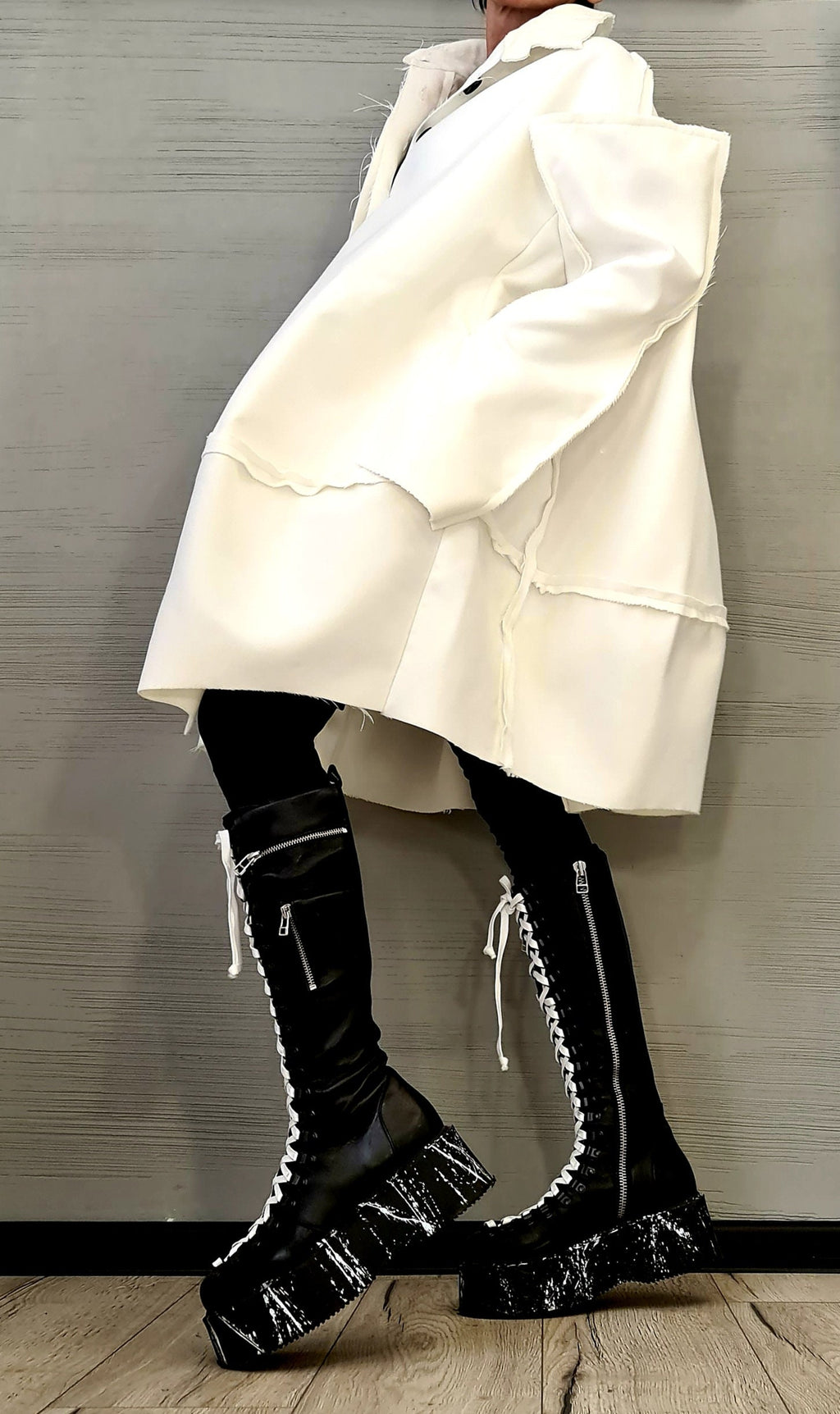 Ivory Oversized Wool Coat, Plus Size Loose Jacket, High Collar Winter Outerwear
