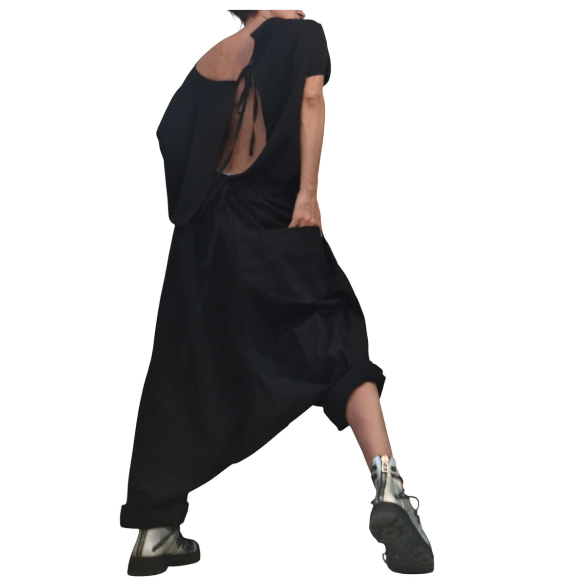 Black Gothic Harem Jumpsuit, Loose Drop Crotch Overall, Open Back Sleeveless Oversize Romper