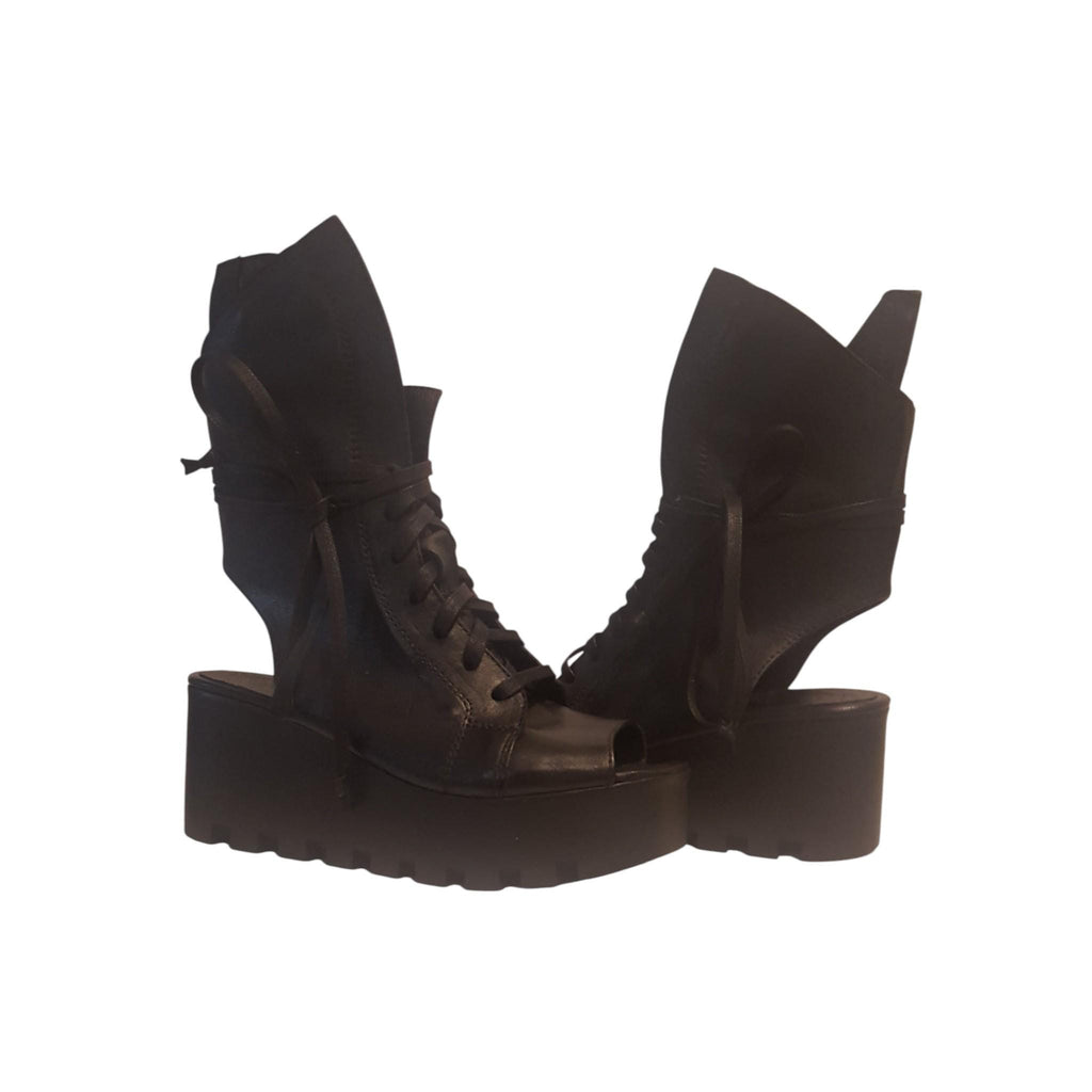 Black Asymmetrical Sandal, Platform Gothic Shoes, Open Toe Summer Combat Boots