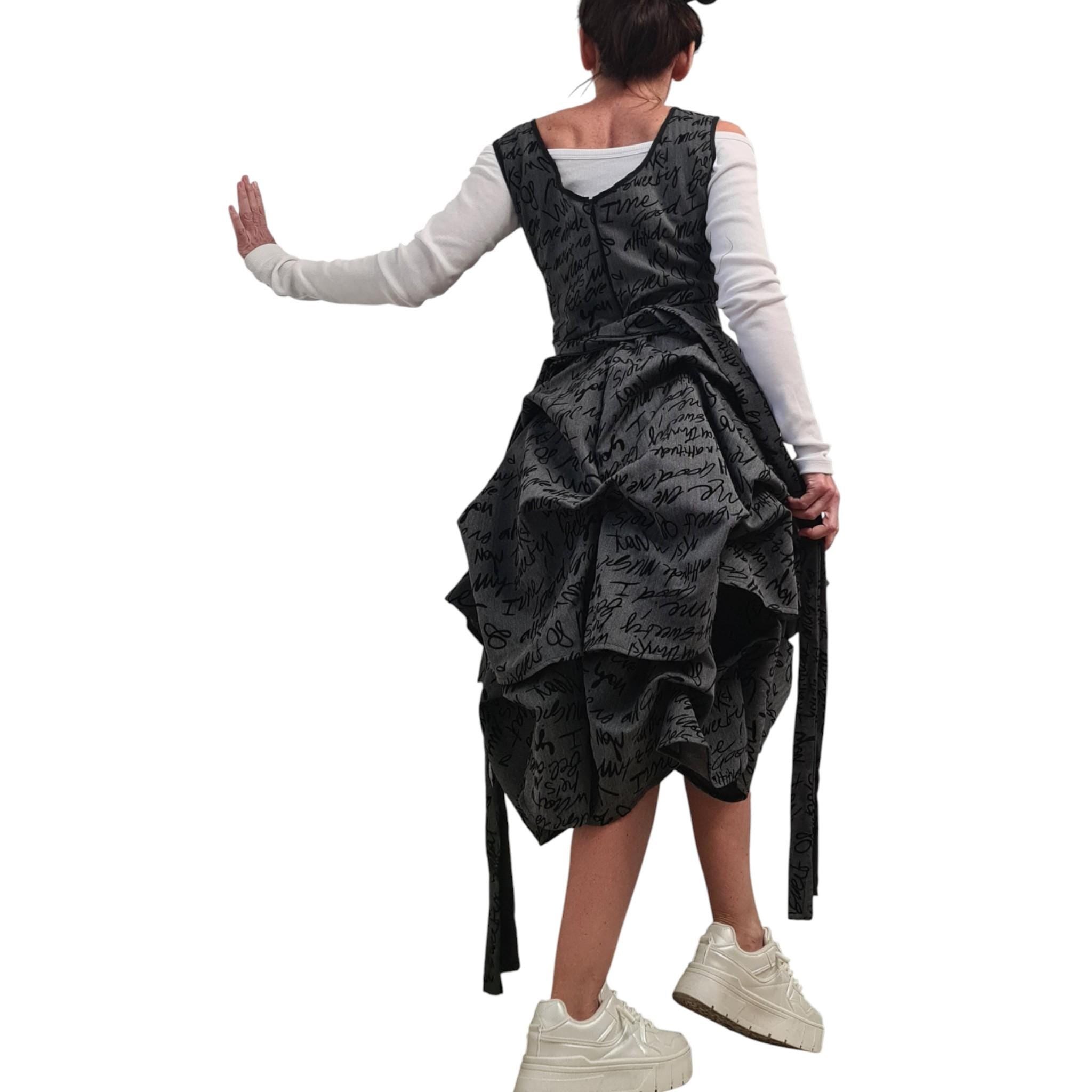 Avant Garde Grey Dress for Women Sleeveless Balloon Silhouette Text Print Belted Knee Length