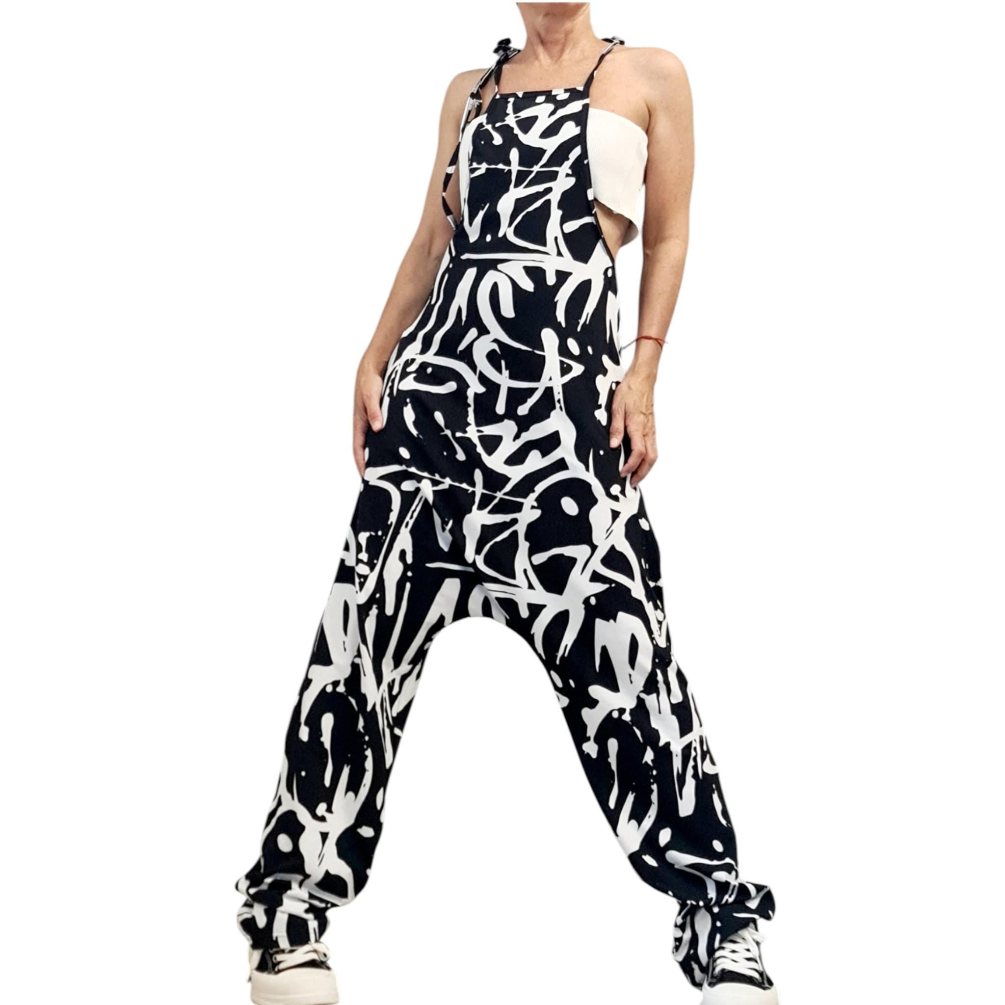 Black White Graffiti Harem Jumpsuit, Loose Drop Crotch Cotton Comfort