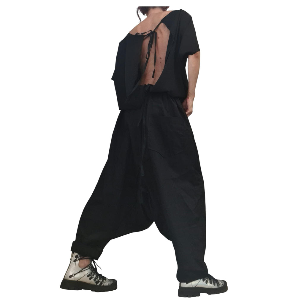 Black Gothic Harem Jumpsuit, Loose Drop Crotch Overall, Open Back Sleeveless Oversize Romper