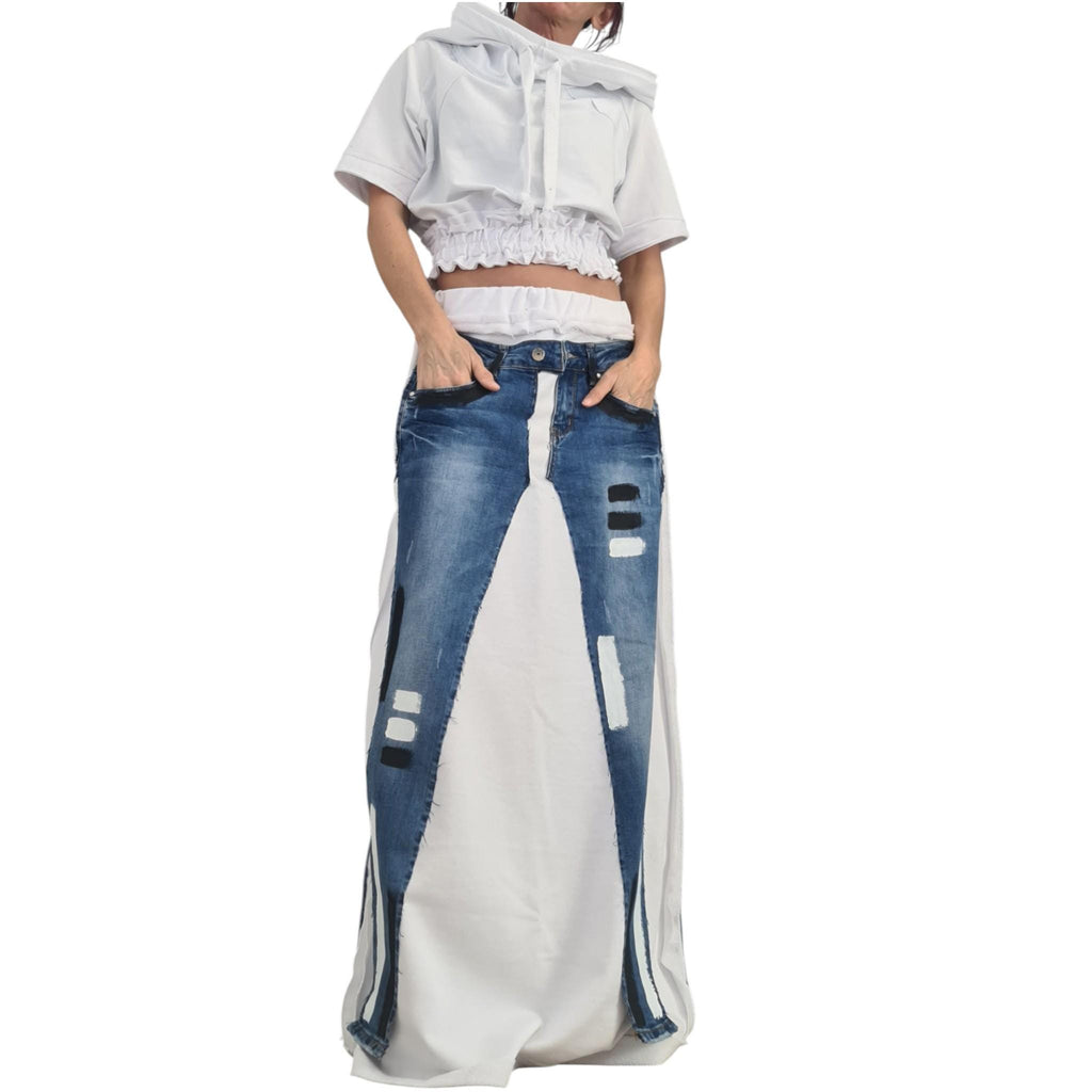 Deconstructed Denim Avant Garde Set, Hooded Short Cotton Sweatshirt, Long Skirt