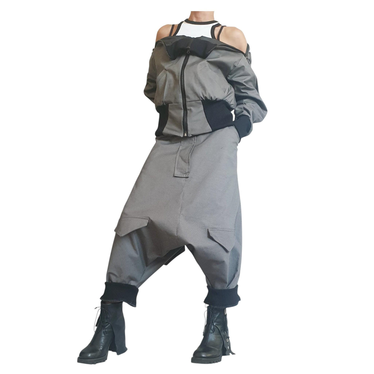 Grey Harem Pants, Drop Crotch, Cargo Flap Pockets, Tapered Ankle