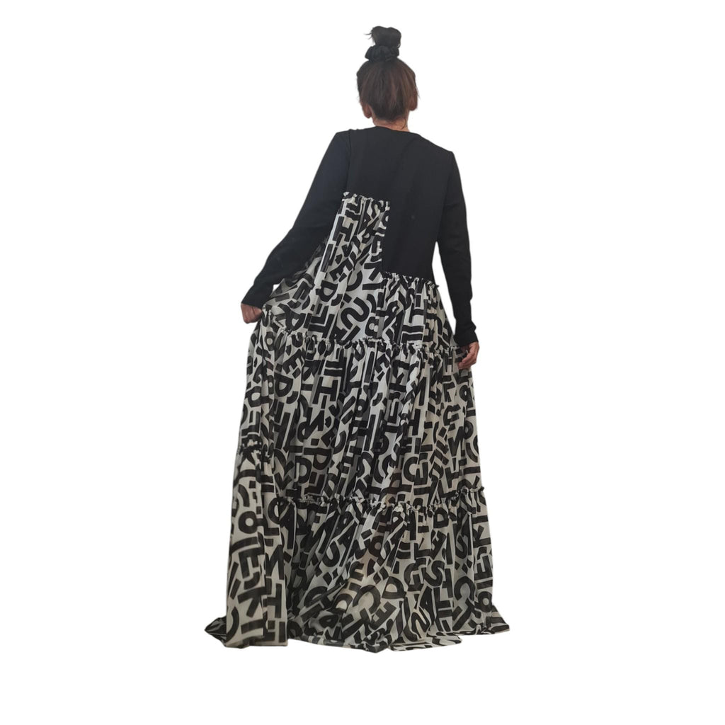 Avant Garde Black Maxi Dress, Cotton Tulle Letters Print, Asymmetrical Gown