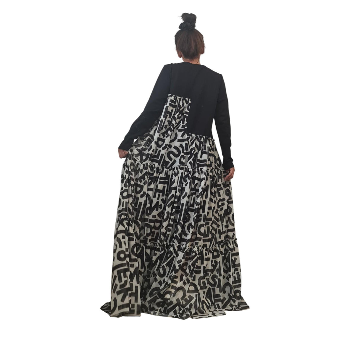 Avant Garde Black Maxi Dress, Cotton Tulle Letters Print, Asymmetrical Gown