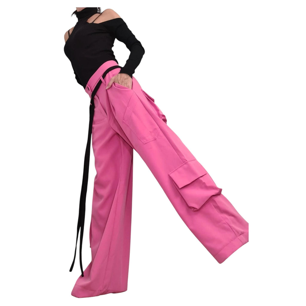 Pink Wide Leg Cargo Pants, Oversized Baggy Trousers
