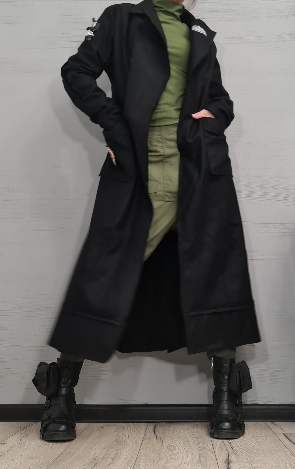 Black Asymmetrical Maxi Coat, Double Buckle Belt, Decorative Appliqués, Flared Winter Overcoat