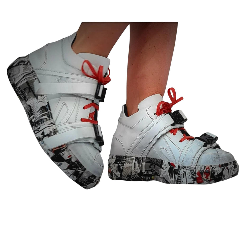White Leather Sneakers, Grunge Trainers, Colored Sole Women Shoes