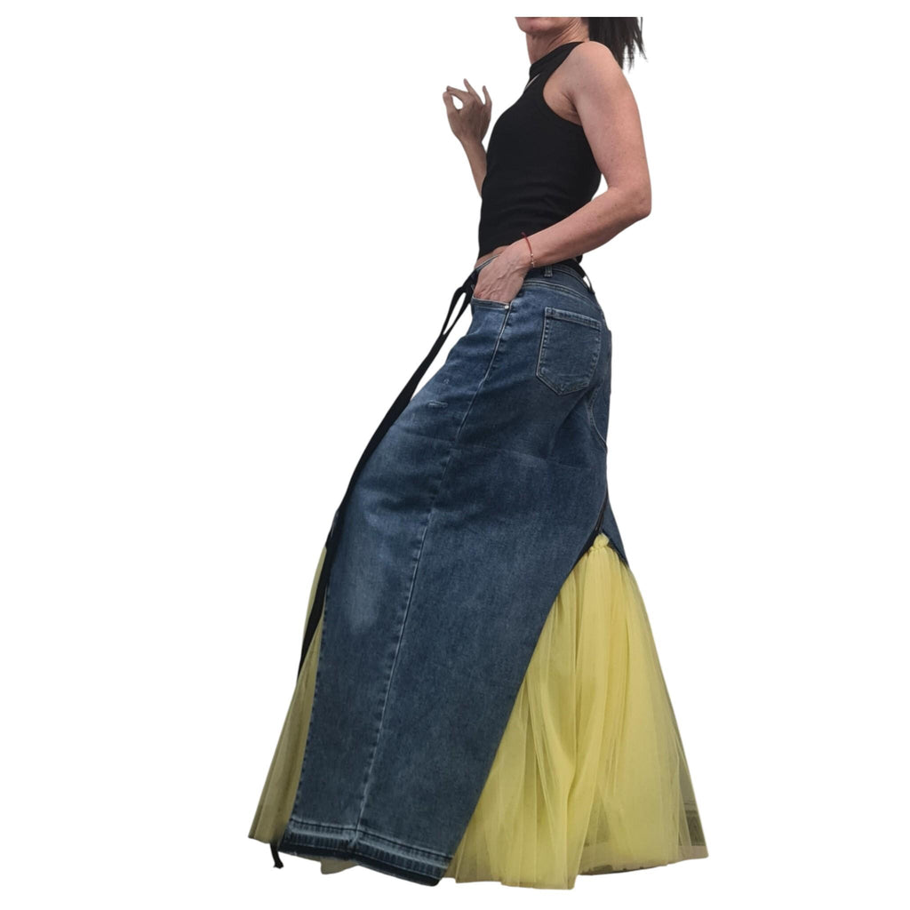 Denim Tulle Maxi Skirt, Asymmetric Plus Sizw Skirt, Deconstructed Womens Clothing