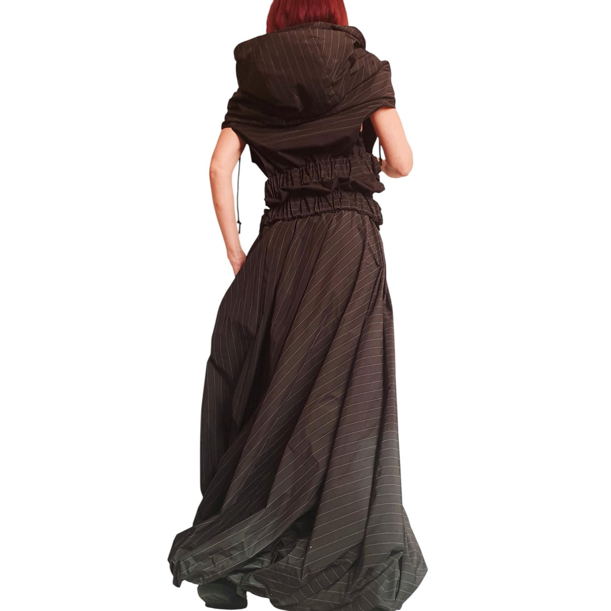 Black Pinstripe Cotton Sateen Co-Ord Set, Asymmetrical Hooded Vest, Maxi Skirt