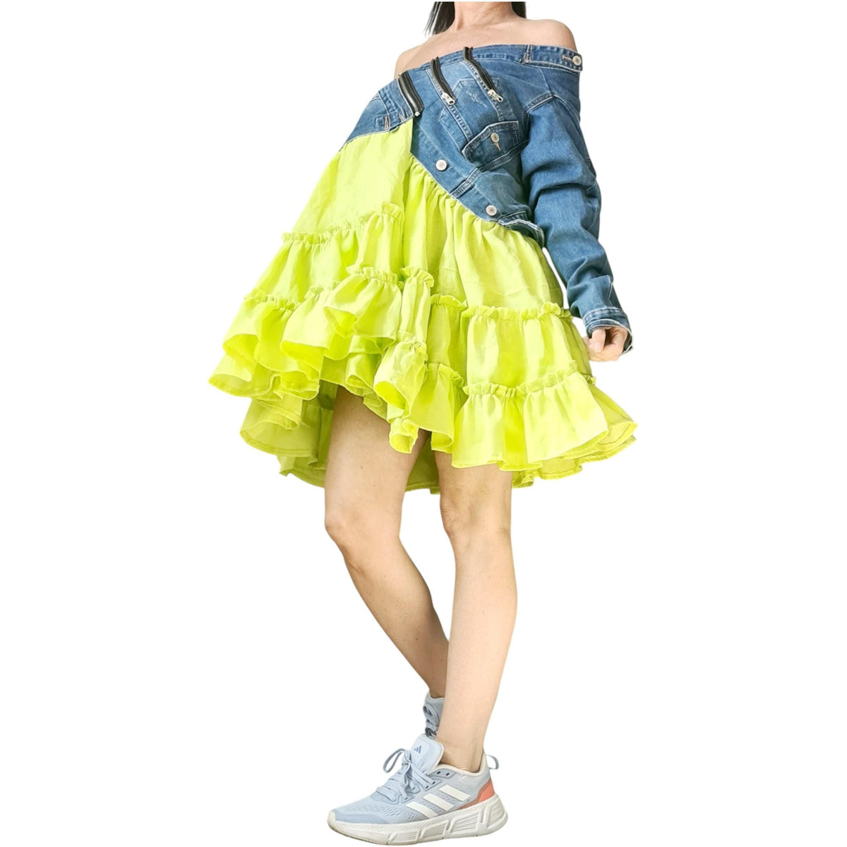 Denim Linen Dress, Blue Tiered Skirt, Off Shoulder Top, Asymmetrical Short Dress, Summer Outfit