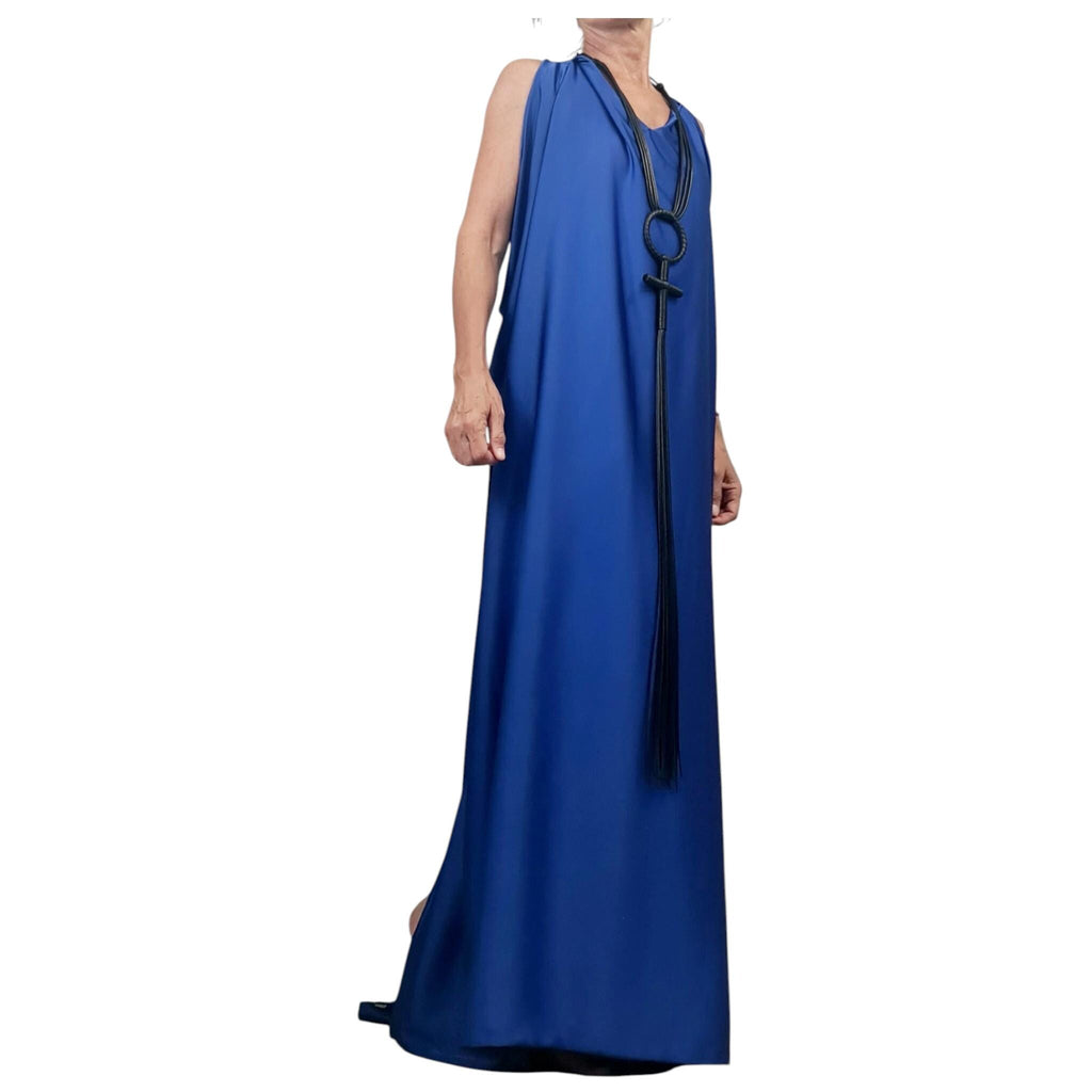 Royal Blue Draped Maxi Dress – Avant-Garde Open Back Grecian Gown