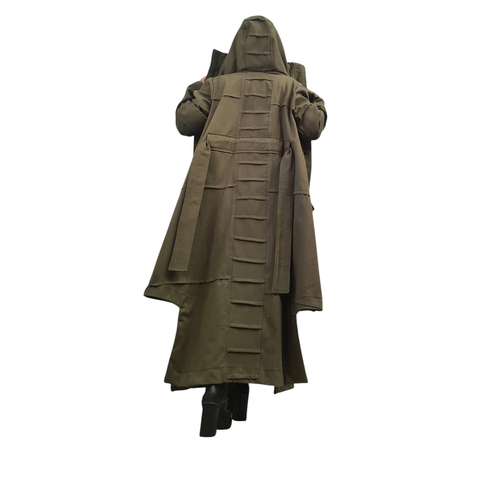 Military Green Denim Hooded Trench Coat, Asymmetrical Avant Garde Overcoat, Denim Outfit for Women