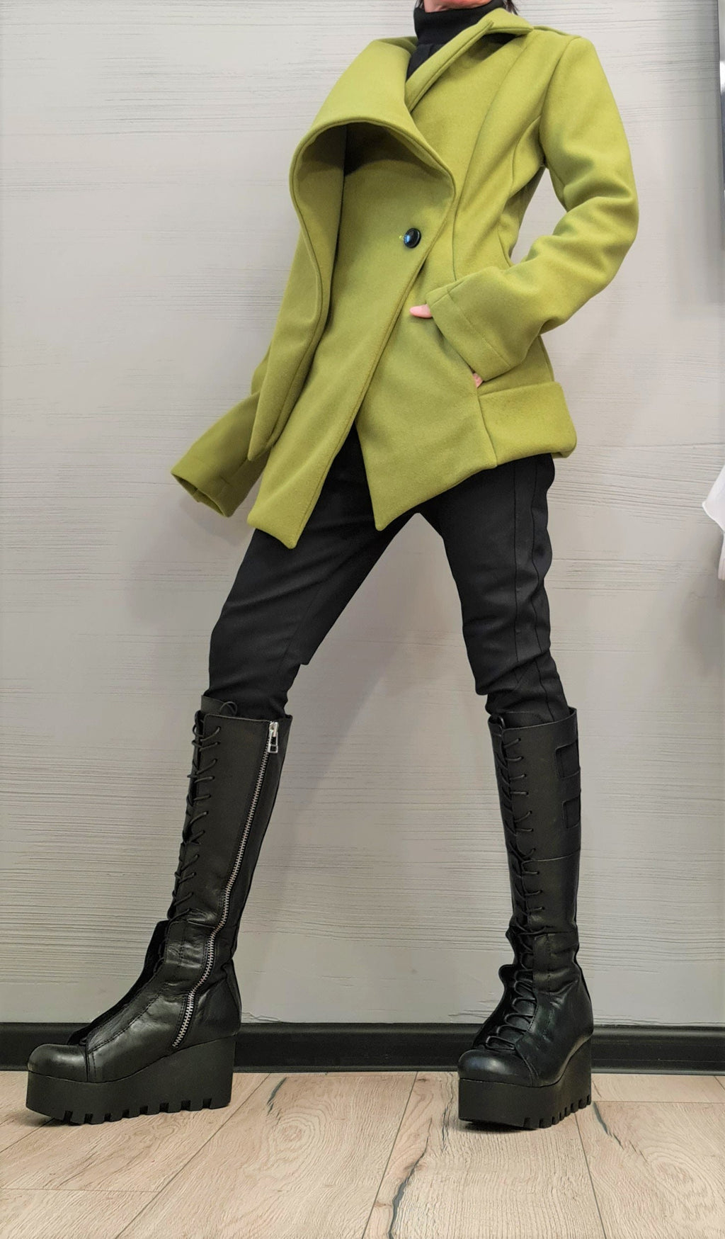 Asymmetrical Coat, Oversized Draped Lapels and Wrap Front, Winter Jacket, Button Cuffs