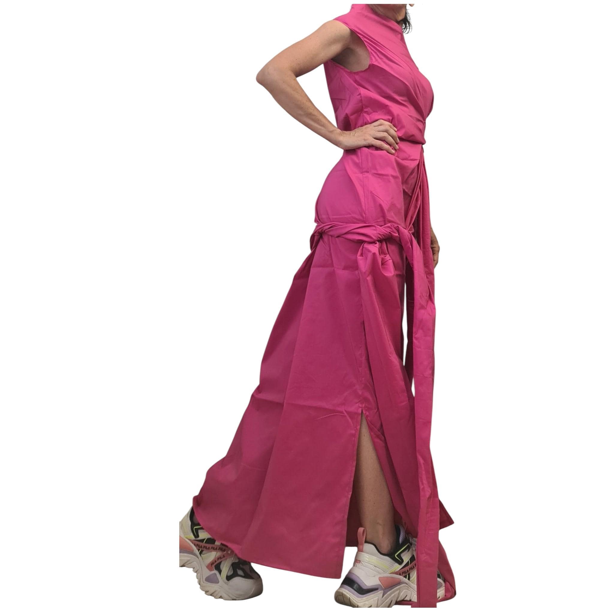 Pink Maxi Dress, One Shoulder Asymmetric, Boho Summer Dress, Kaftan Draped Cotton Outfit