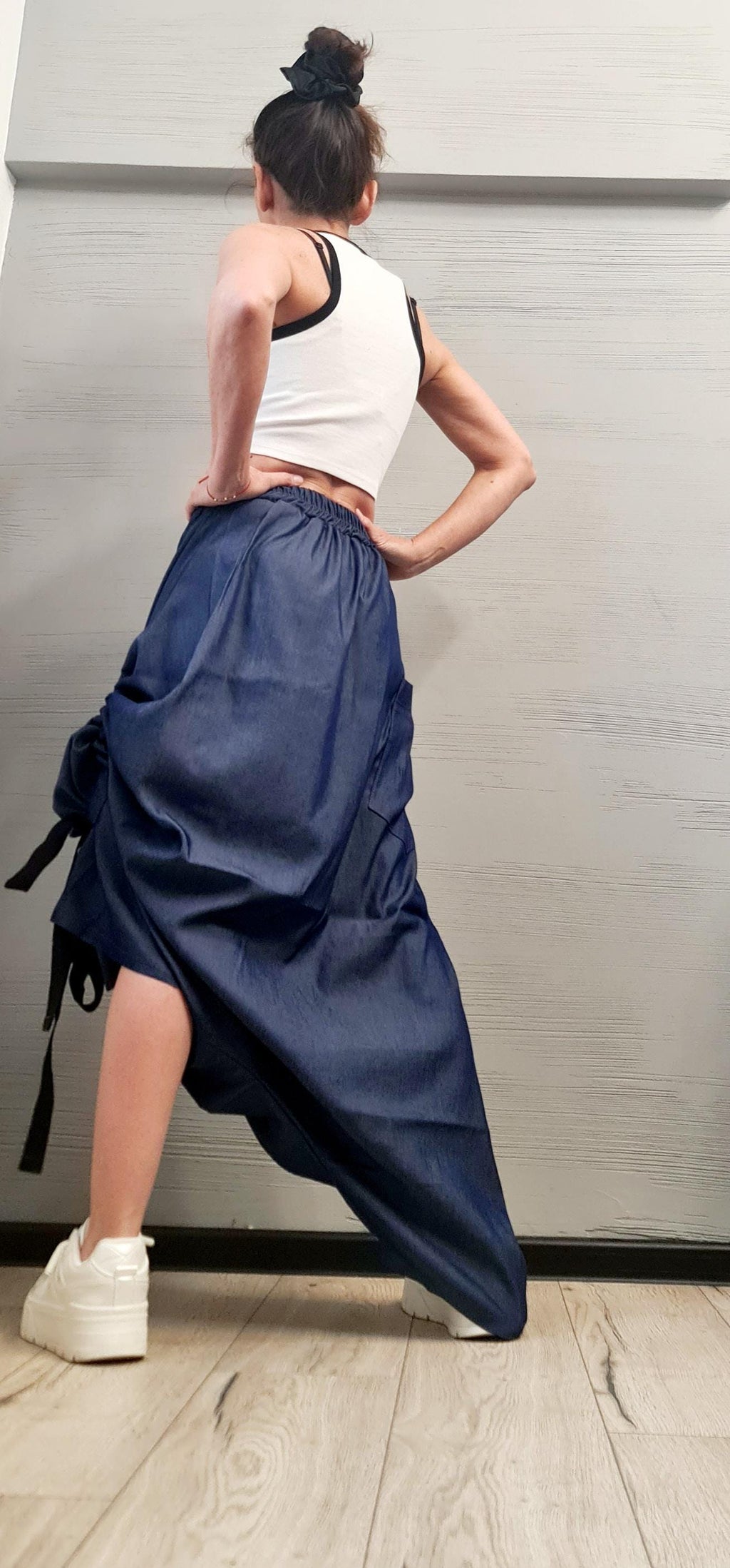 Convertible Wide Leg Denim Pants, Asymmetric Skirt Harem Trousers, Avant-Garde Cloyhing