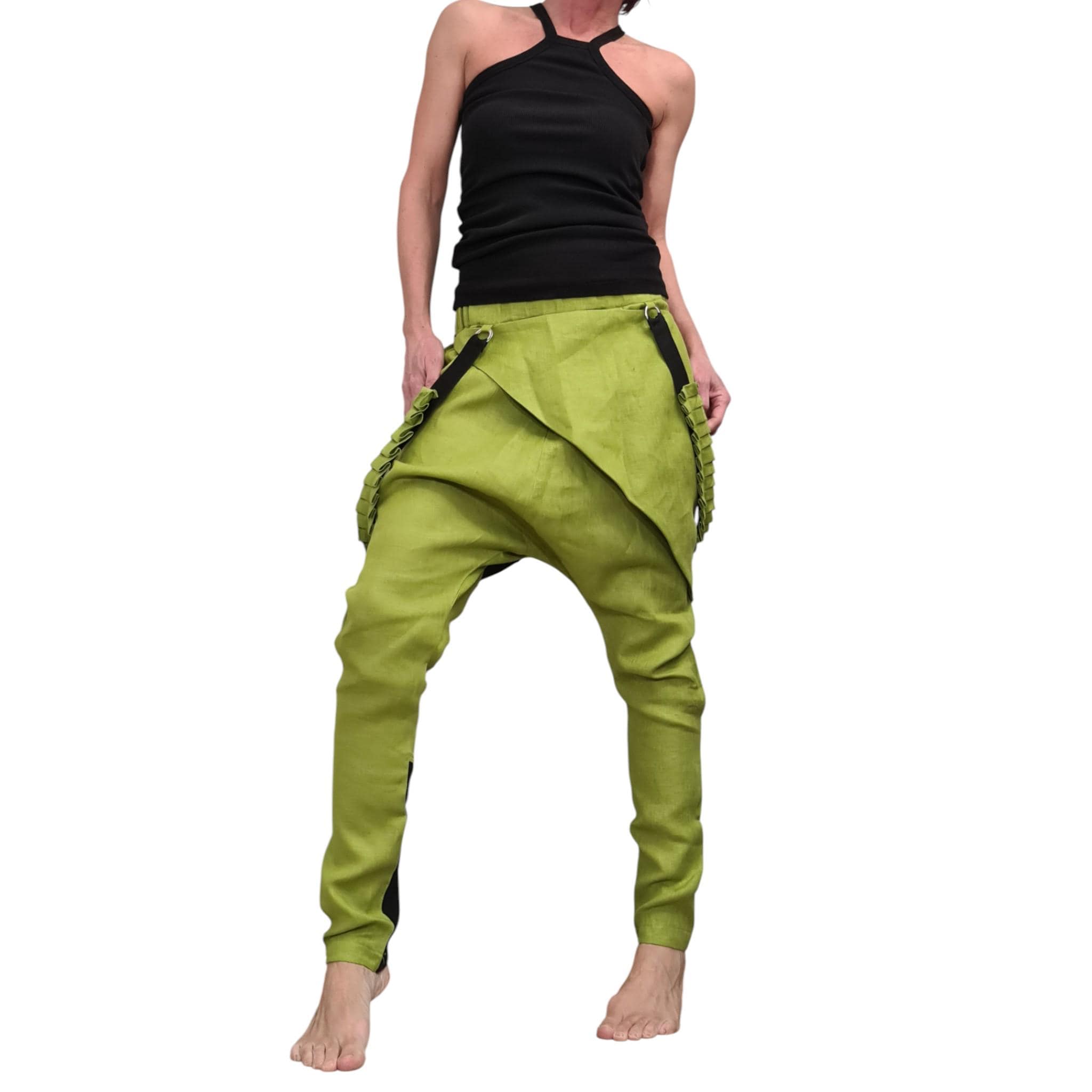 Pistachio Green Linen Pants for Women, Statement Drop Crotch Trousers with Straps, Handmade Clothing