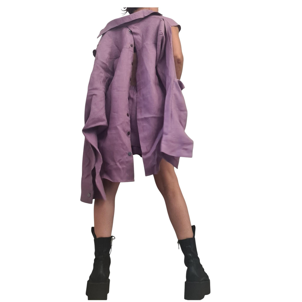 Lavender Linen Oversize Set, Asymmetric Deconstructed Outfit, Open Back Shirt, Layered Shorts Skirt