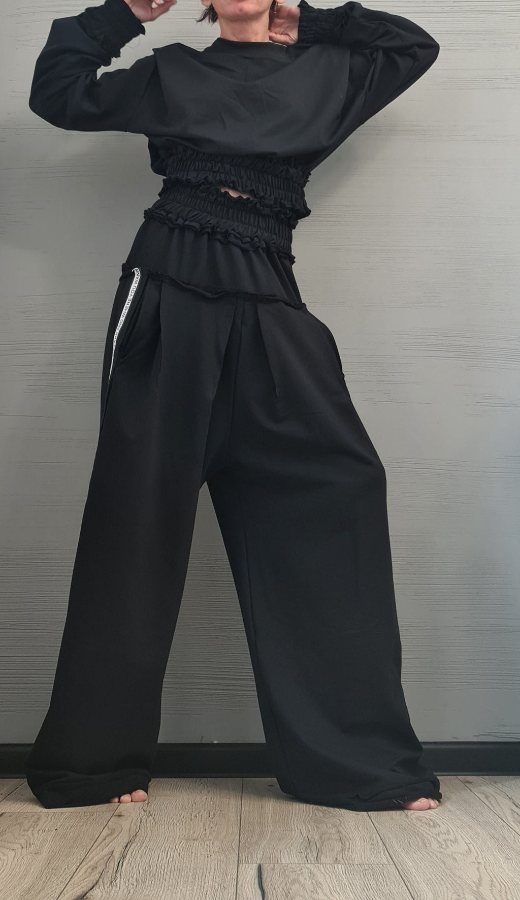 Black Cotton Wide Leg Trousers, French Terry Blouse, Two Piece Set
