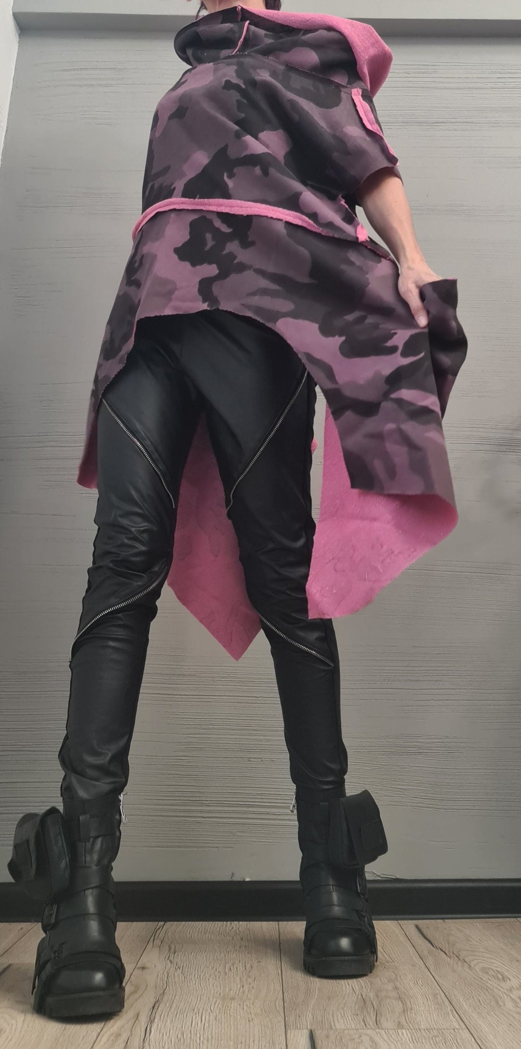 Military Purple Cotton Tunic | Asymmetric One Shoulder Design, Separate Sleeves