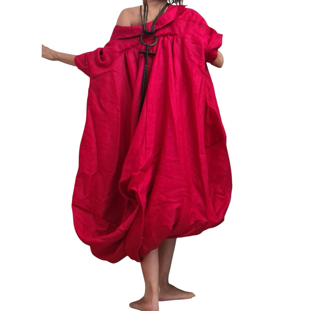 Red Oversized Linen Tunic Dress | Voluminous Mid Calf Length