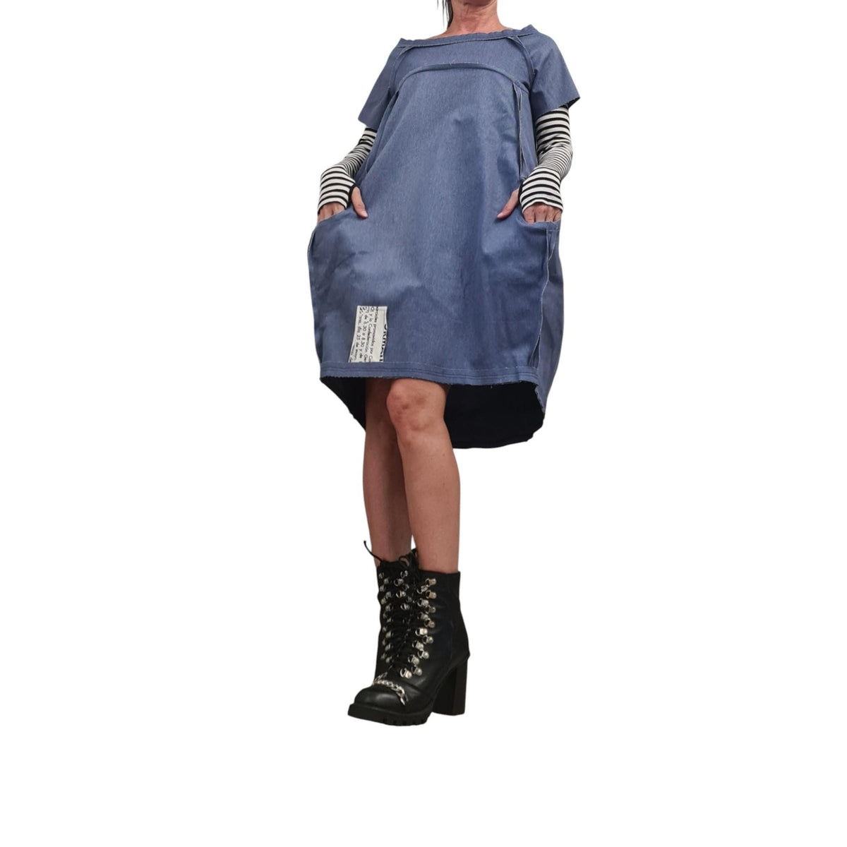 Avant Garde Denim Dress, Asymmetrical Cotton Tunic, Pockets, Extravagant Denim, Outside seams