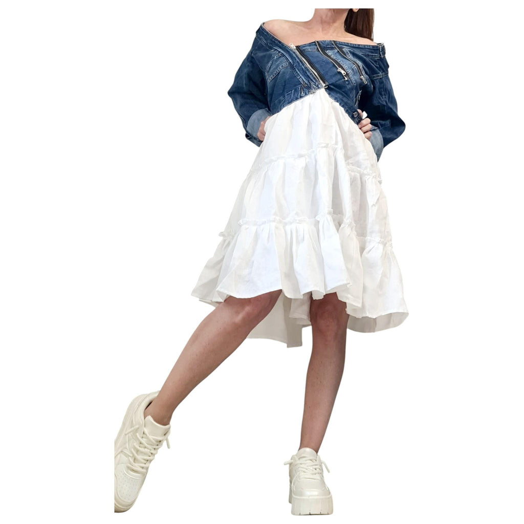 White Linen Dress with Denim Top, Off Shoulder Asymmetric Ruffle Dress