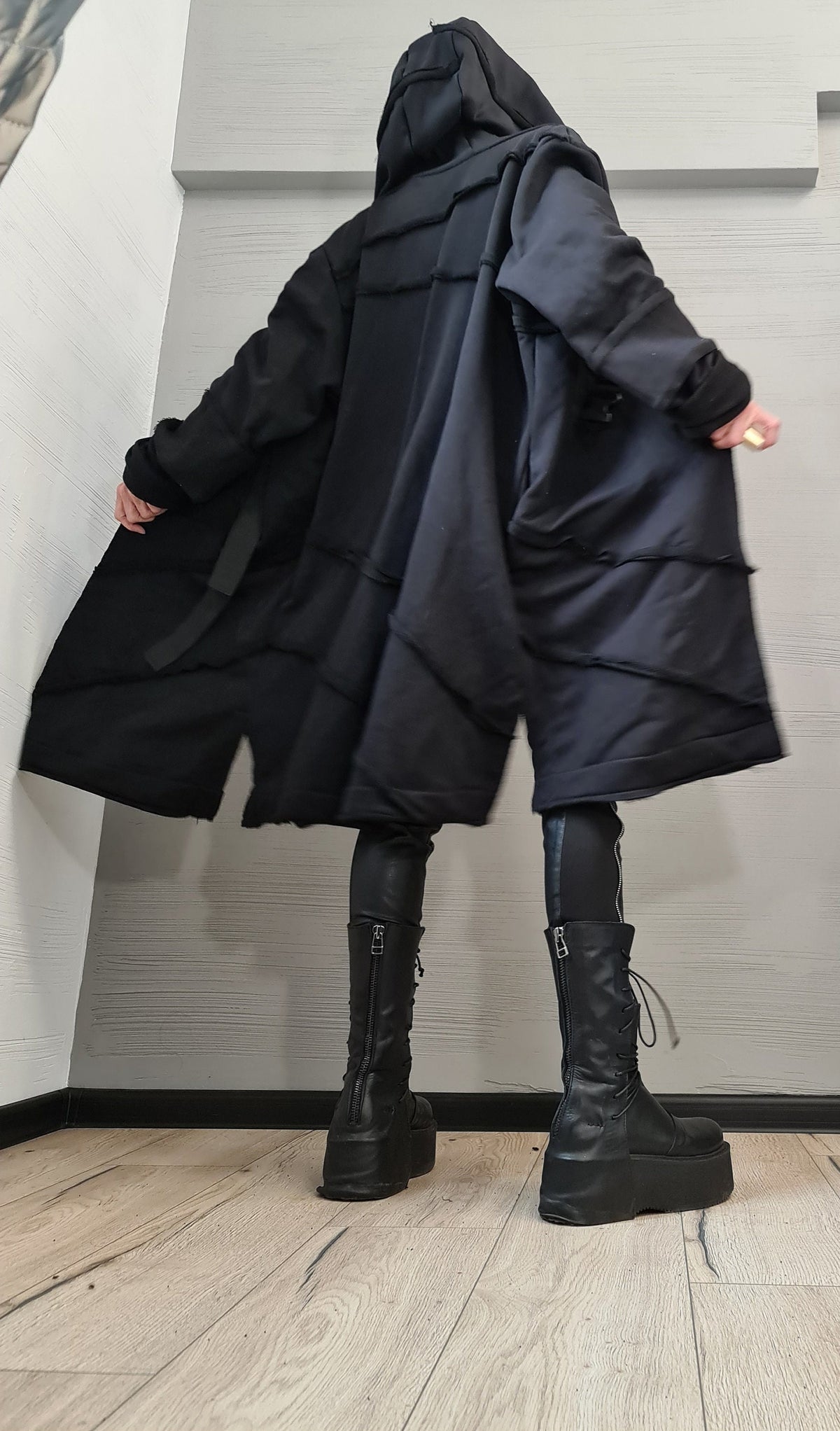 Black Oversized Hooded Vest, Long Asymmetric Sleeveless Coat, Layered Hem, Plus Size