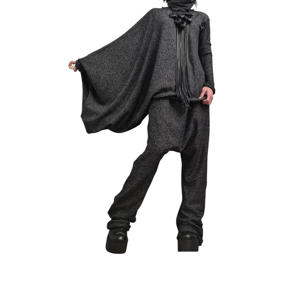 Black Knit Drop Crotch Harem Pants, Oversized Asymmetrical Blouse, Two-Piece Co-Ord Set, Plus Size