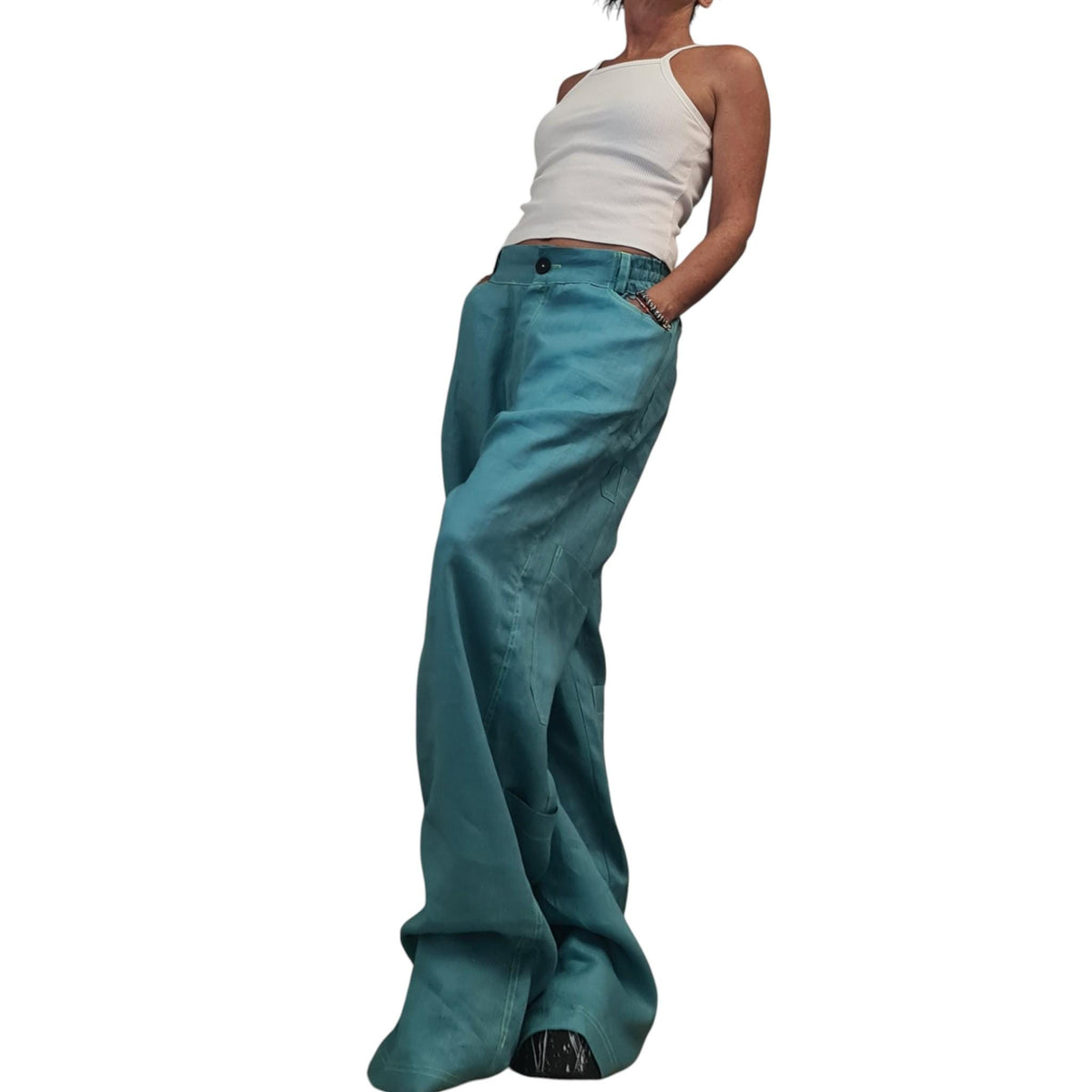 Petrol Blue Wide Leg Pants, Linen Palazzo, Boho Trousers, Designer Pocket Detail