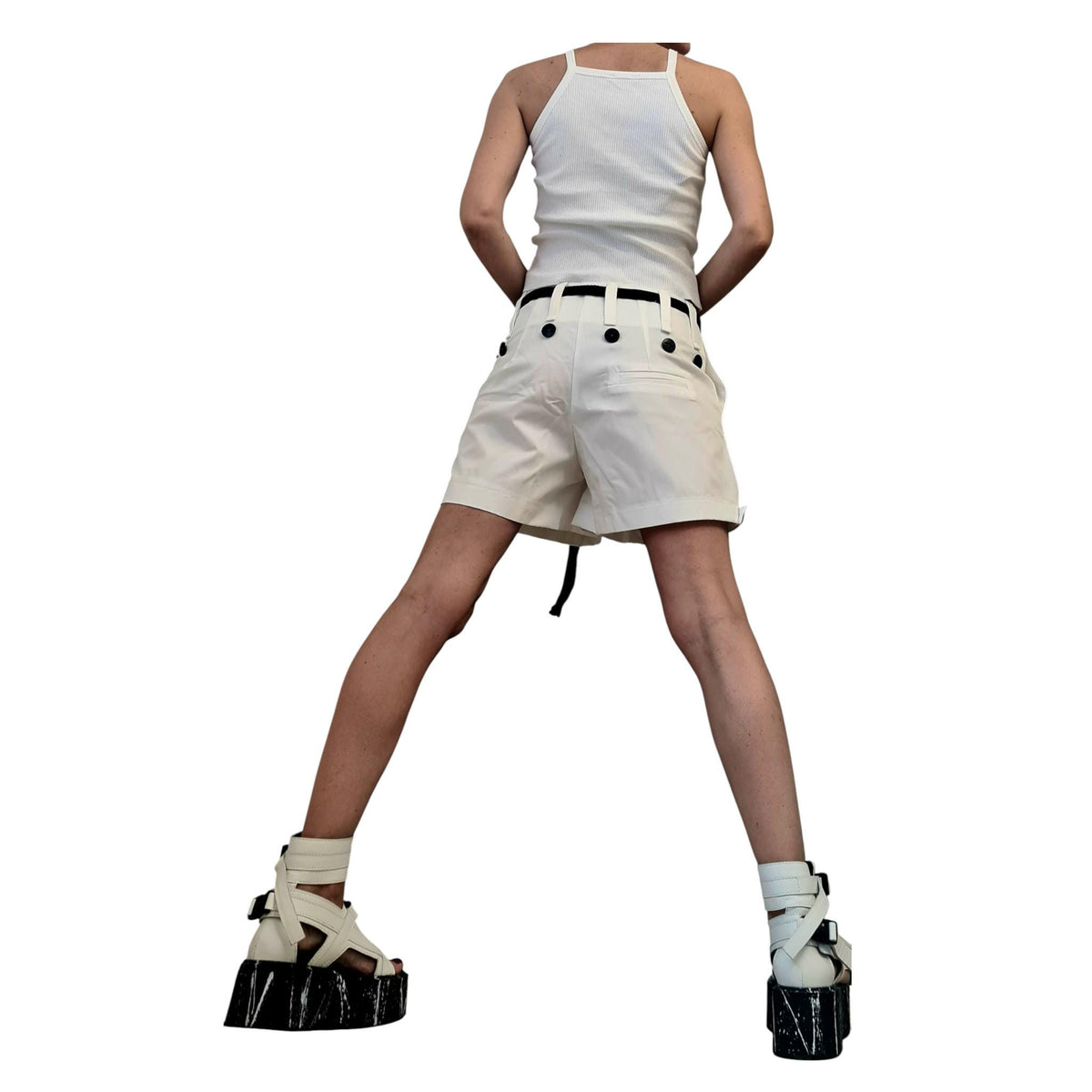White Wide Leg Cotton Shorts, Decorative Button Detail