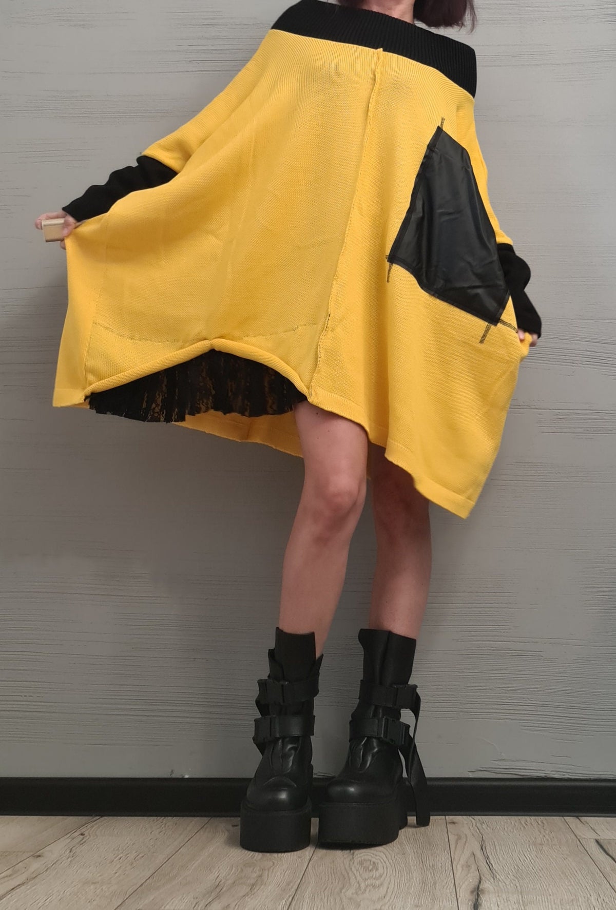 Yellow Asymmetrical Knitted Tunic, Oversized Knit Sweater, Plus Size Top