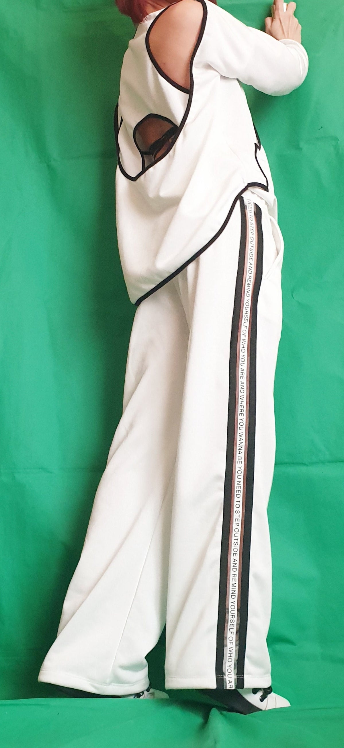 White Cotton French Terry Co-Ord Set, Open Back Blouse, Wide Leg Pants