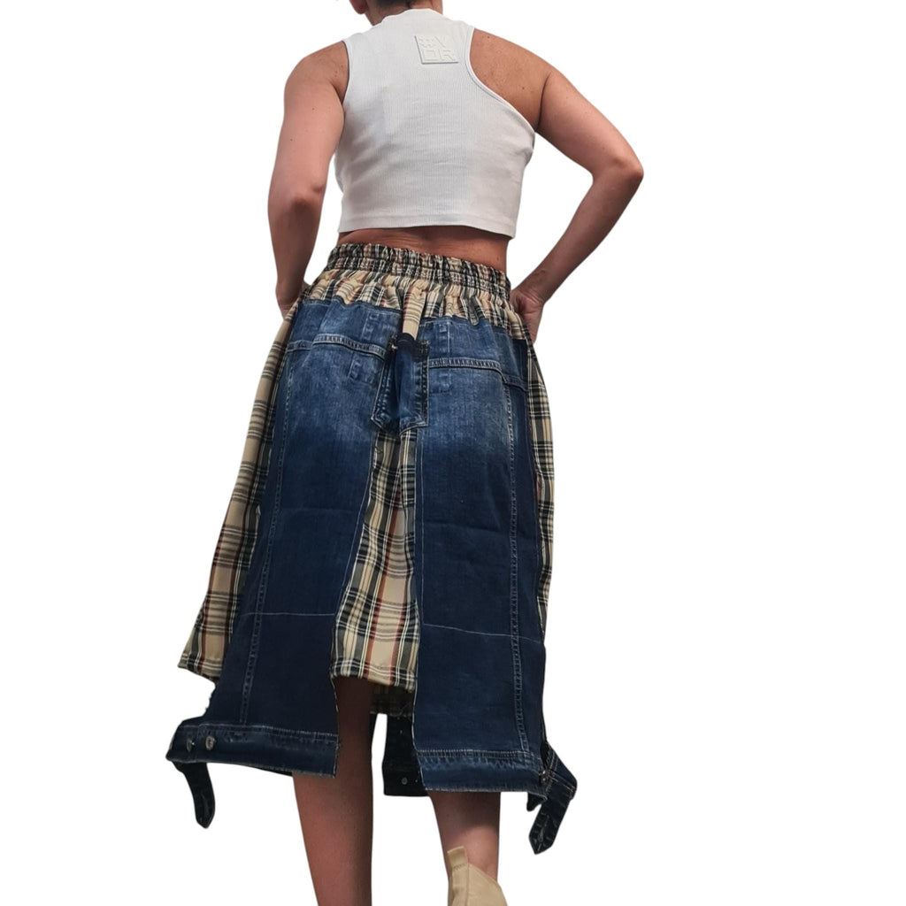 Avant Garde Denim and Plaid Midi Skirt with Cargo Style Pockets, Artistic Designer Streetwear, Handmade Custom Made Statement Fashion