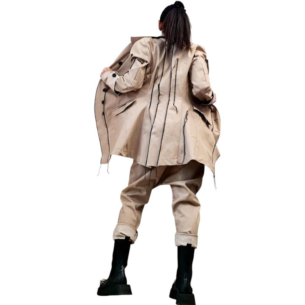 Extravagant Denim Women Costume, Asymmetric Avant Garde Blazer, Cargo Pants