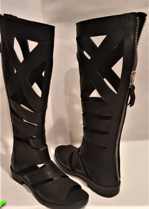 Greek Gladiator Sandals, Knee High Strappy Shoes, Open Toe Gothic Footwear