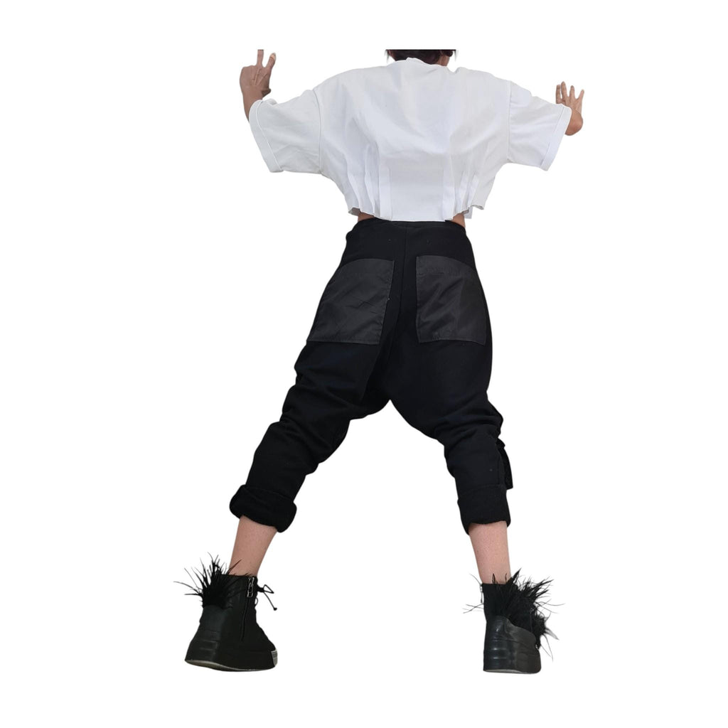 Extravagant Black Cotton Harem Pants, Cargo Trousers, Outer Pockets