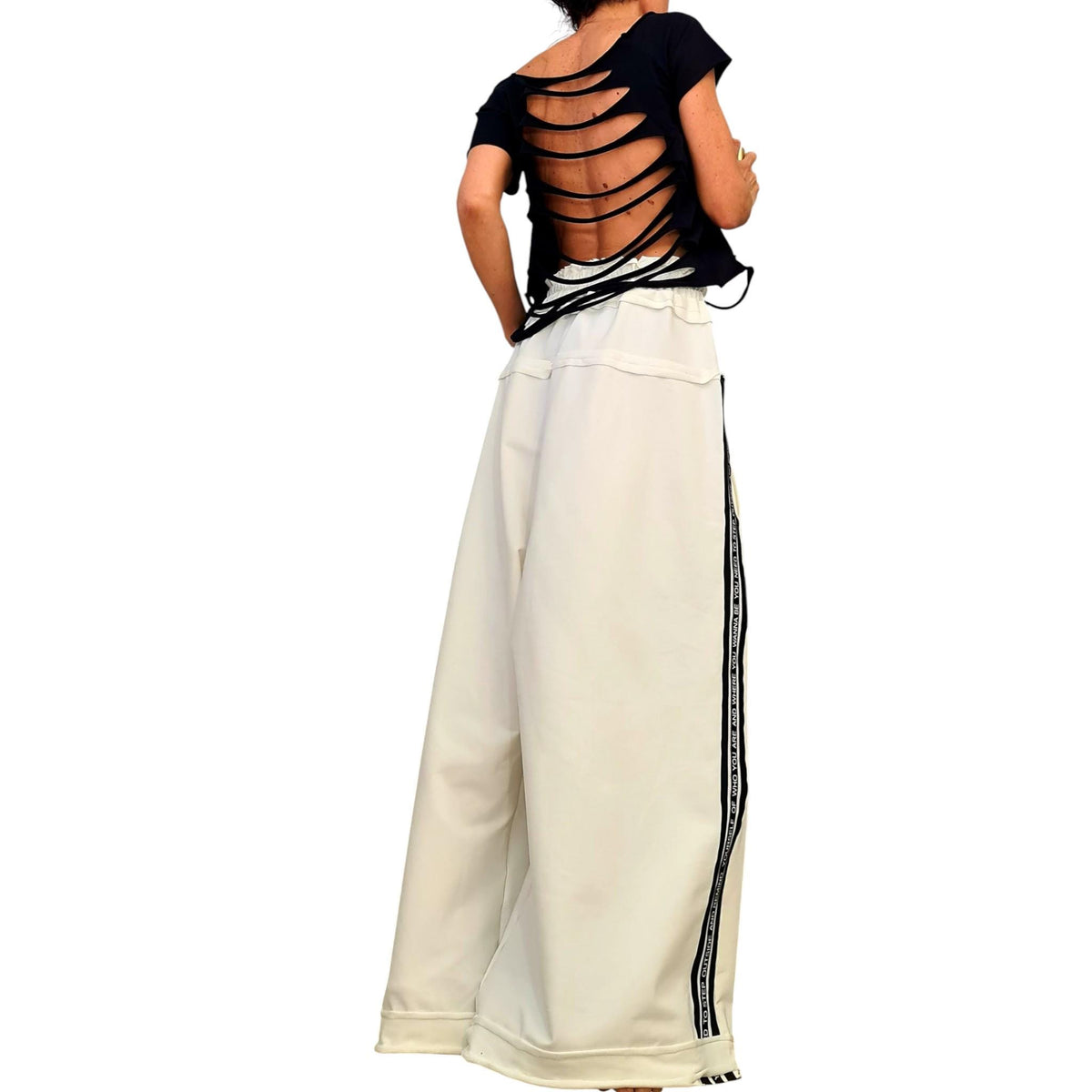 Ivory French Terry Wide Leg Pants, Relaxed Cotton Trousers, Elastic Waist